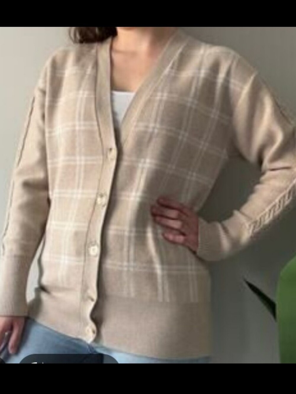 Joie Tan & White Plaid V-Neck Button-Front Cardigan Large